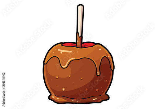 Caramel apple clipart. A caramel-coated apple with a stick inserted at the top, dripping caramel. Vector illustration design.