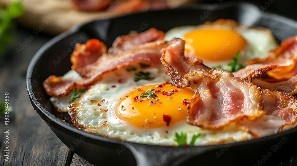 Bacon and eggs served in a cast iron skillet
