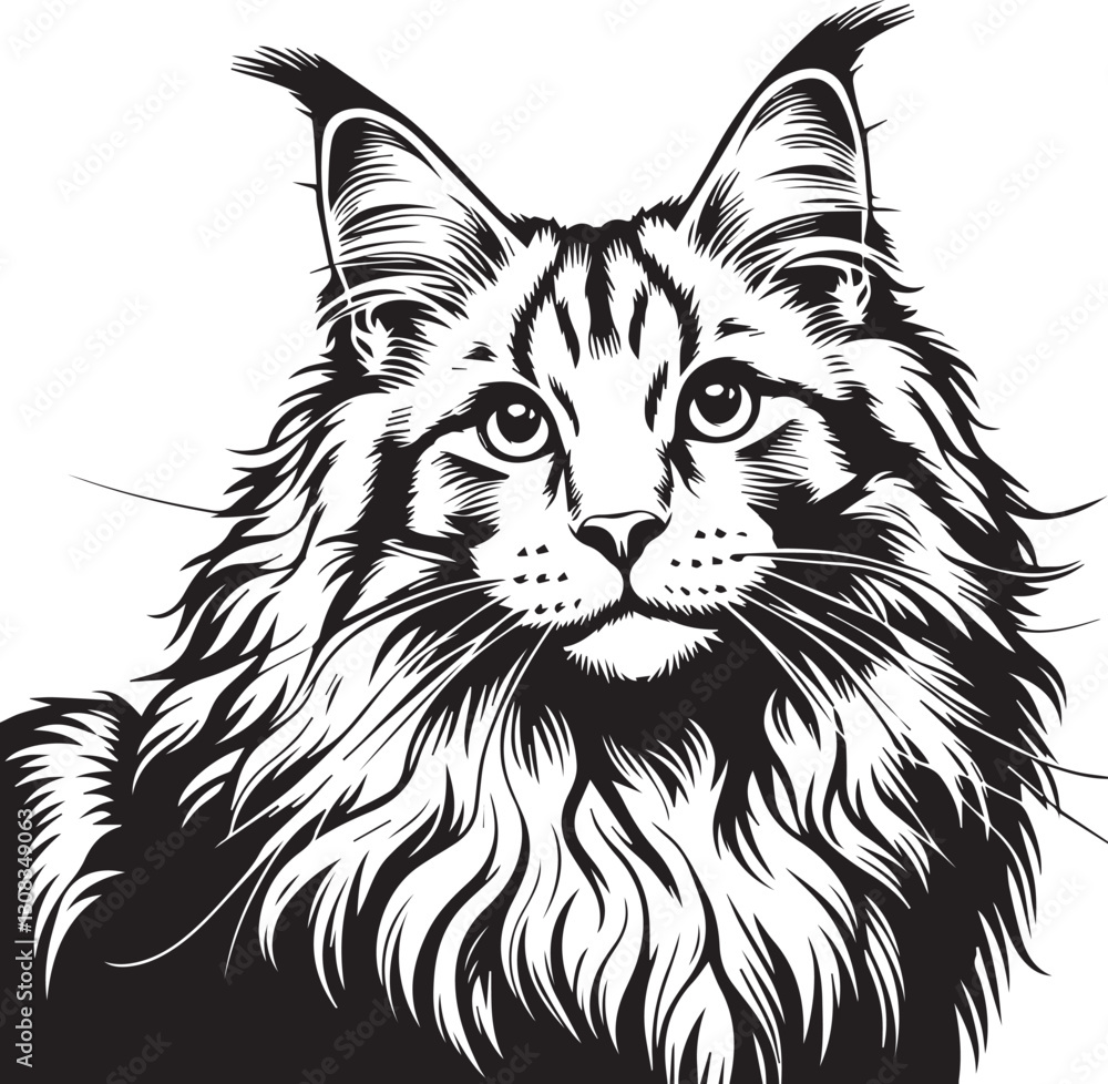 Fototapeta premium Maine coon cat vector in black and white