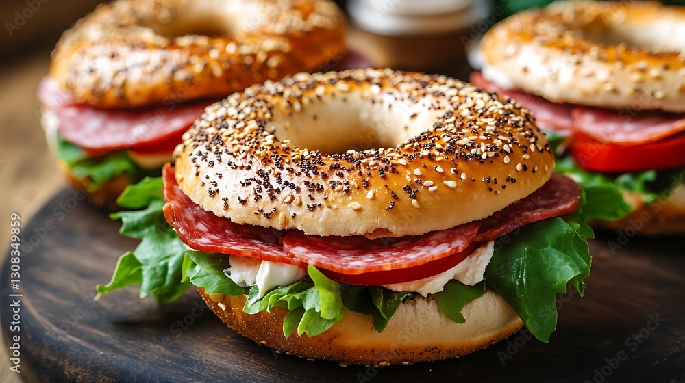 Bagel for breakfast with salami ham cream cheese tomatoes and lettuce Bagel for breakfast with salami ham cream cheese tomatoes and lettuce
