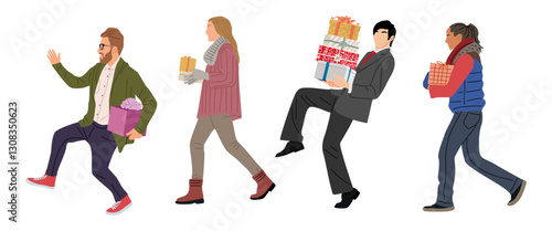Christmas set with happy merry people carrying gift boxes, New Year presents. Men and women in warm casual wear walking side view. Flat graphic vector illustrations isolated 
