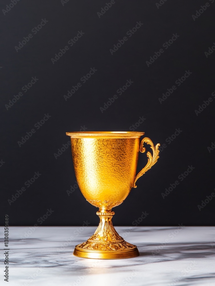 Golden Goblet on Marble Table - A golden goblet with an ornate handle rests on a pristine marble surface against a dark background. It symbolizes achievement, luxury, success, victory, and celebration Golden Goblet on Marble Table - A golden goblet with an ornate handle rests on a pristine marble surface against a dark background. It symbolizes achievement, luxury, success, victory, and celebration