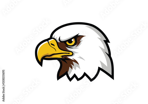 American eagle head clip art. This image shows a stylized illustration of an eagle's head with a sharp yellow beak and intense yellow eyes. Vector illustration design.