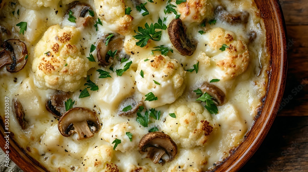 Baked cauliflower with mushrooms cream and cheese sprinkled with parsley Baked cauliflower with mushrooms cream and cheese sprinkled with parsley
