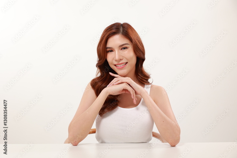 Beautiful Asian woman taking portrait in white shirt showing fresh and clean white skin and makeup on white background. Beautiful Asian woman taking portrait in white shirt showing fresh and clean white skin and makeup on white background.