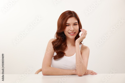Beautiful Asian woman portrait, makeup, skin care, fresh, natural, Asian style makeup, hand-made look, white background