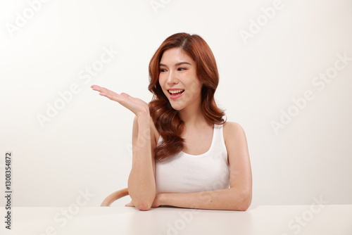 Beautiful Asian woman portrait, makeup, skin care, fresh, natural, Asian style makeup, hand-made look, white background