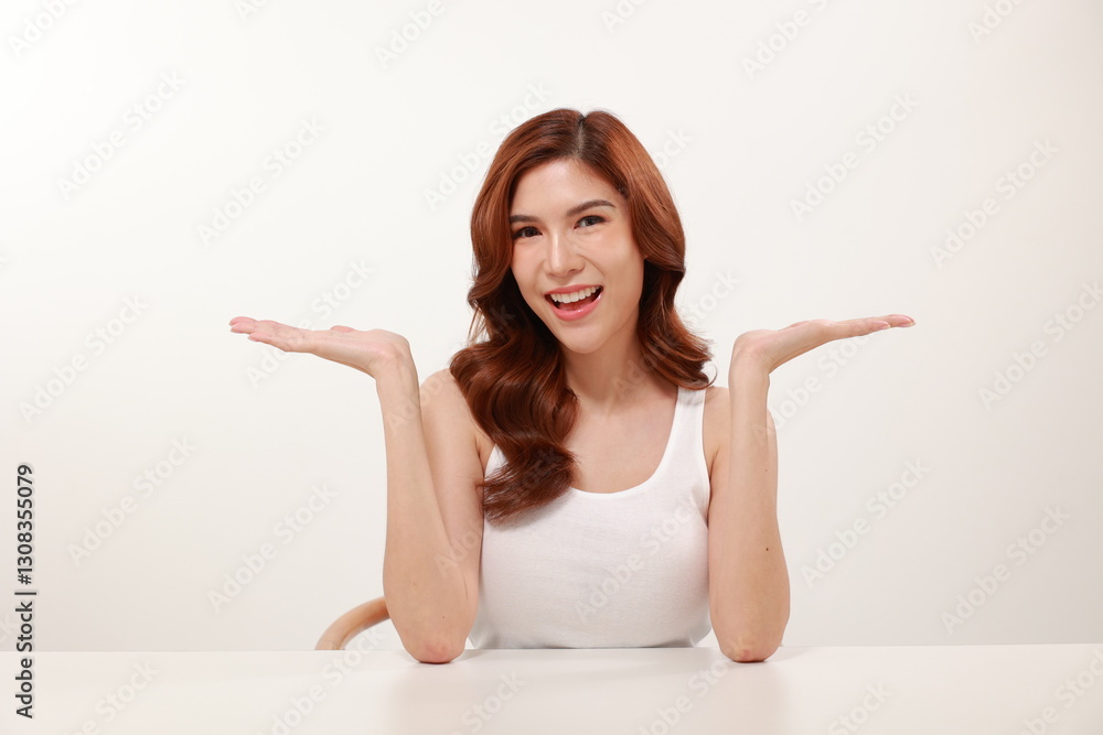 Beautiful Asian woman portrait on white background wearing white tank top sitting with makeup showing hands recommending facial cream fresh happy