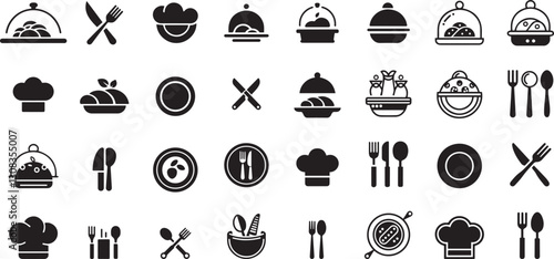 Set of Food and Dining Icons with Chef, Utensils, Plates, and Serving Dishes