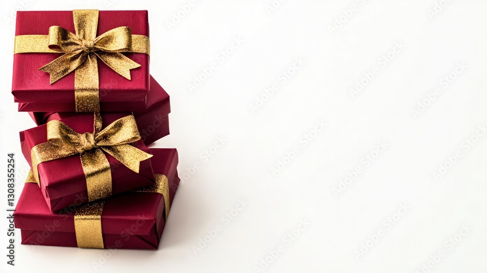 Obraz premium Elegant Red Gold Gift Boxes Stack Holiday Presents Festive Birthday