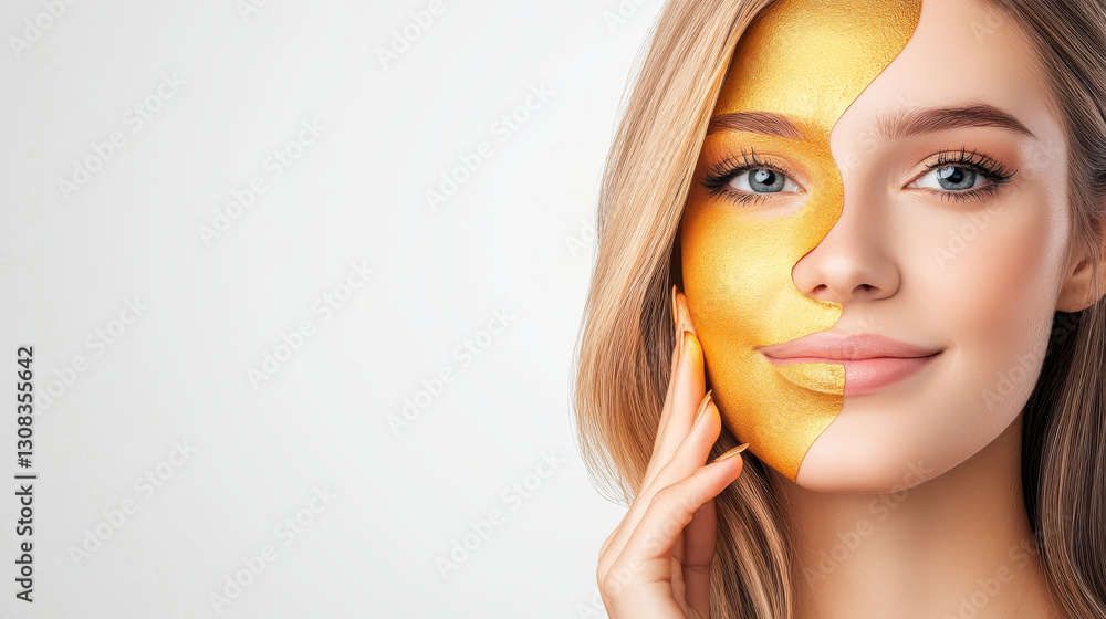 Golden Facial Mask Beauty Treatment - Woman with half her face covered in a luxurious gold facial mask, showcasing radiant skin and beauty benefits Golden Facial Mask Beauty Treatment - Woman with half her face covered in a luxurious gold facial mask, showcasing radiant skin and beauty benefits