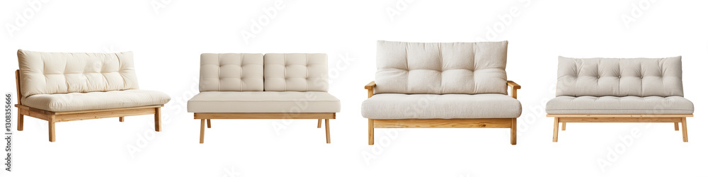 Fototapeta premium Minimalist and comfortable wooden couches arranged in a tasteful modern living room design with a serene and inviting atmosphere The natural wood tones and neutral upholstery create a calming