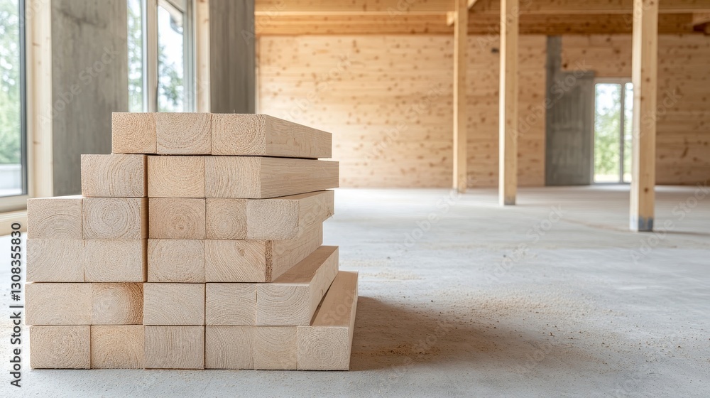 Obraz premium Sustainable Lumber Stack for Eco-Friendly Construction - Sustainable building, eco-friendly materials, wood construction, renewable resources, energy efficiency