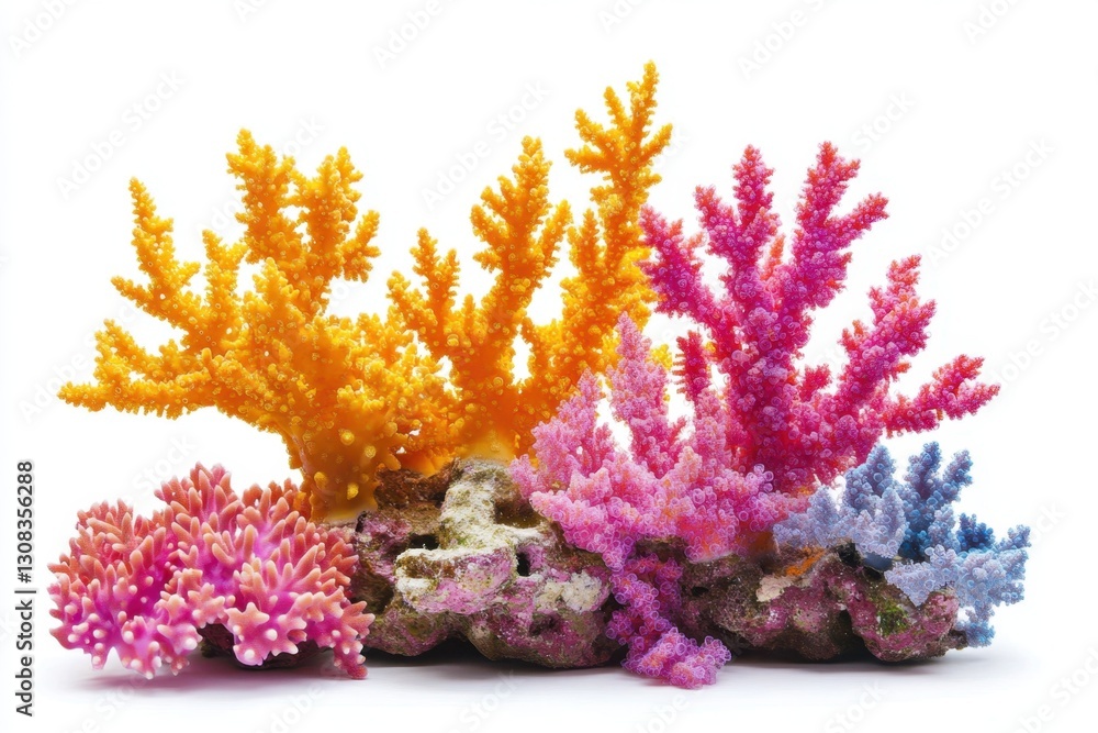 Naklejka premium Vivid coral reef with bright colors of orange, pink, and purple, on a pristine white backdrop. Generated AI