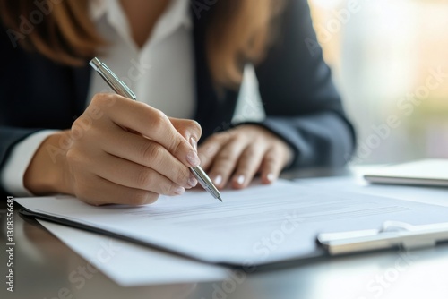 Businessperson carefully signing an important document at a desk, emphasizing professionalism. Generated AI