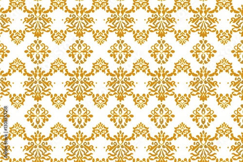 Golden yellow damask floral seamless pattern on white background