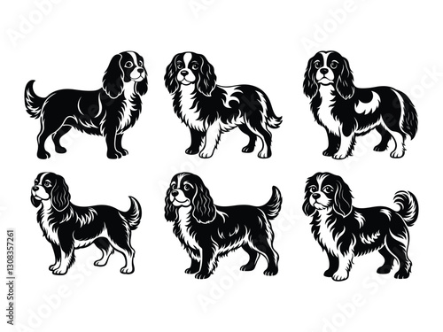 Playful Cavalier King Charles spaniel puppy set silhouette isolated on white background