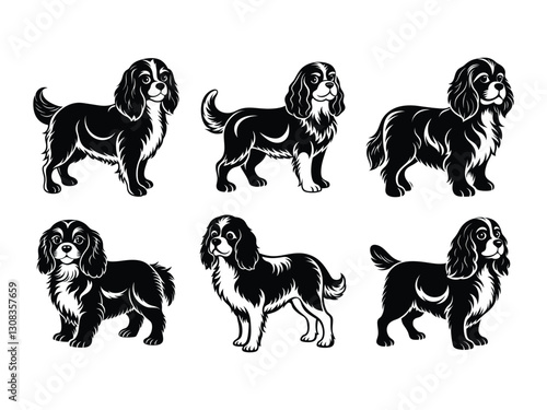 Set of Cavalier King Charles spaniel dog poses silhouette isolated on white background