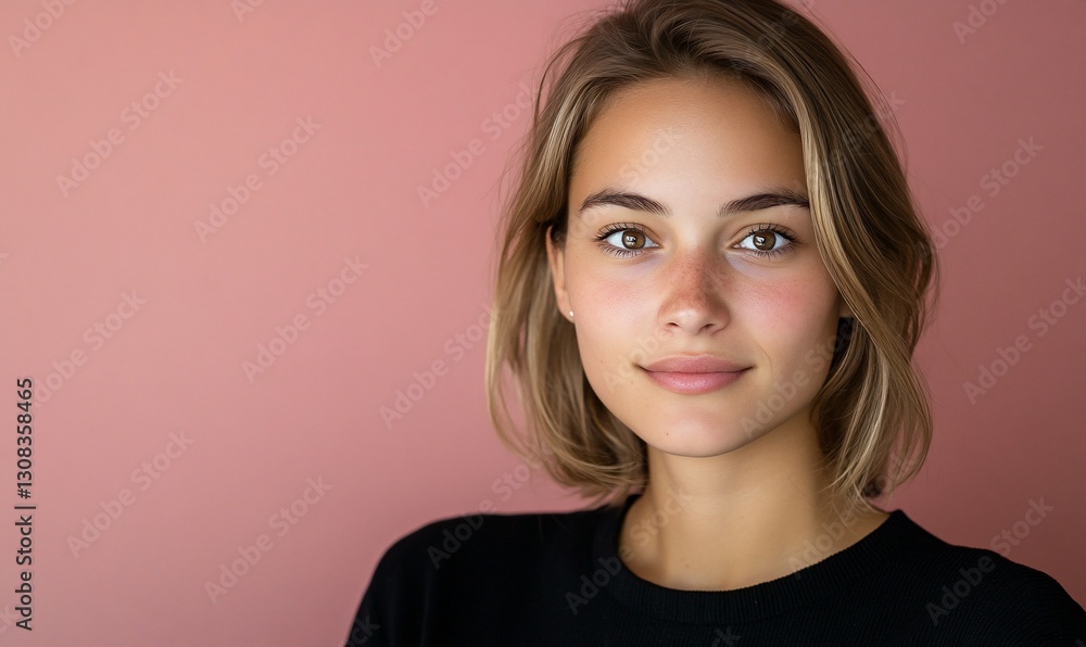Beautiful Young Woman Portrait Soft Makeup Pink Background Beautiful Young Woman Portrait Soft Makeup Pink Background