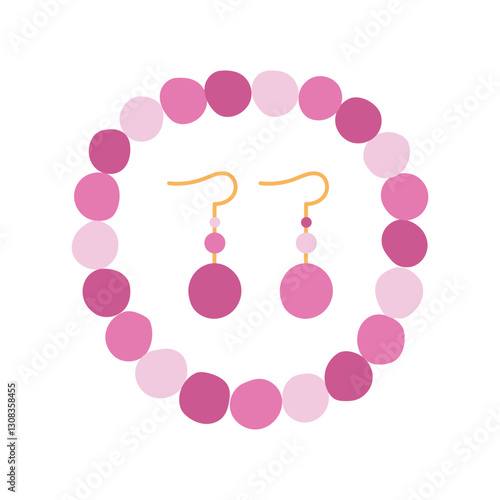 Flat vector illustration of pink beaded necklace and matching earrings on white background