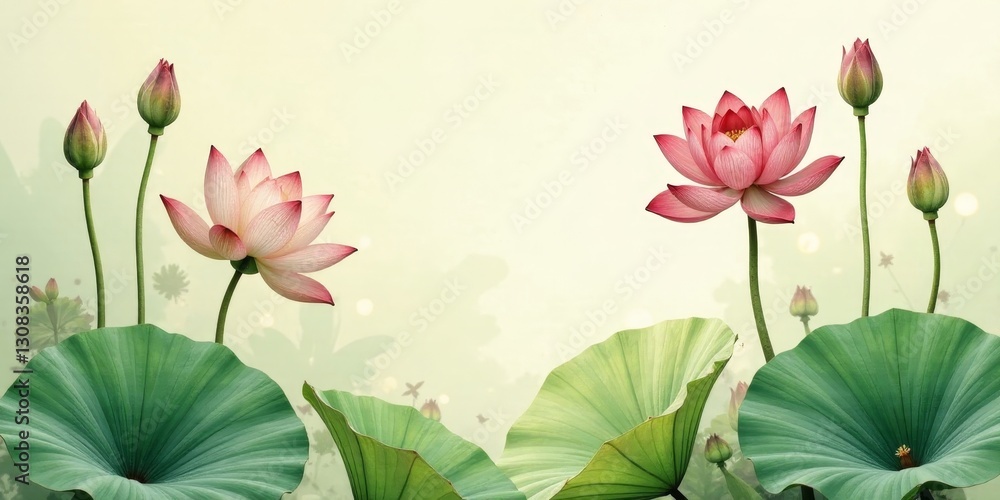 Fototapeta premium Serene Water Lily Blossom Display Delicate Pink Petals, Lush Green Leaves, and Emerging Buds in a Misty Setting
