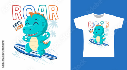 Fototapeta Naklejka Na Ścianę i Meble -  Cool dinosaur play surfing hand drawn, ready for print on t-shirt and other uses.