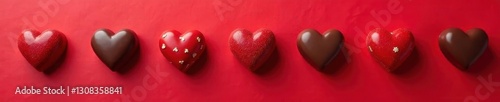 Heart-shaped chocolates arranged on red background, chocolate arrangement, delicious, romantic
