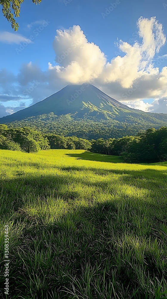Fototapeta premium Lush valley, volcano view, golden hour, tranquil