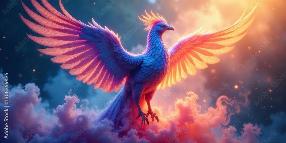 Fototapeta premium A Majestic Avian Creature Soaring Through Dreamlike Clouds, Wings of Vibrant Hues, a Symbol of Freedom and Transformation