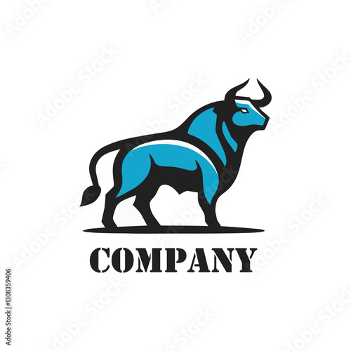 Black and blue bull vector with company lettering isolated on white background.