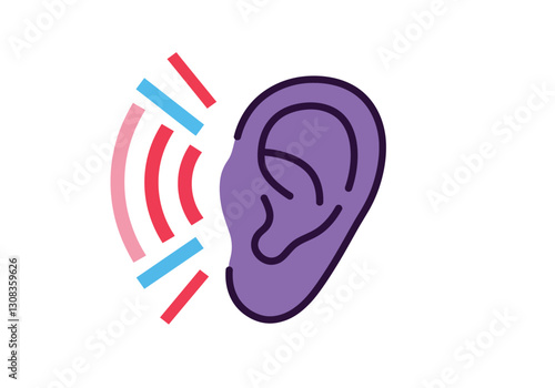 Hearing clip art. This image shows a purple ear with sound waves depicted in red, blue, and pink lines. Vector illustration design.