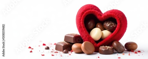 A plush red heart filled to the brim with milk and dark chocolates against a stark white backdrop, heart-shaped, appetizing, white background