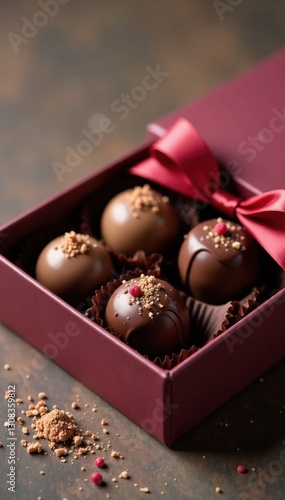 Chocolate truffles in elegant box with ribbon, luxury, candy