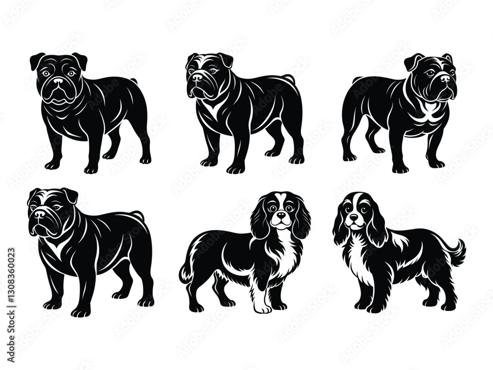 Bulldog and spaniel dog breed illustrations in strong posture silhouette isolated on white background Bulldog and spaniel dog breed illustrations in strong posture silhouette isolated on white background