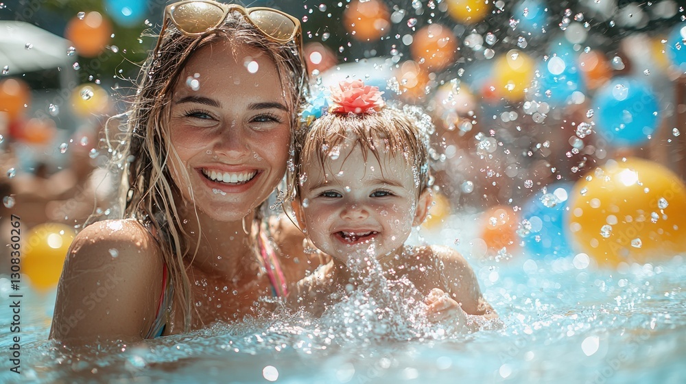 Mother and child splash cheerfully in pool; balloons background, sunny Mother and child splash cheerfully in pool; balloons background, sunny