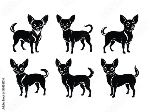 Collection of chihuahua dogs in different postures silhouette isolated on white background