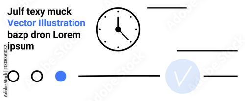 Abstract design includes a clock, text elements, three circles, and a large check mark. Ideal for productivity, efficiency, minimalism, time management, modern design user interface concepts