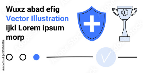 Shield with cross signifying protection, trophy for achievement, text elements, circles, and check mark. Ideal for security, success, achievement protection healthcare validation awards. Landing