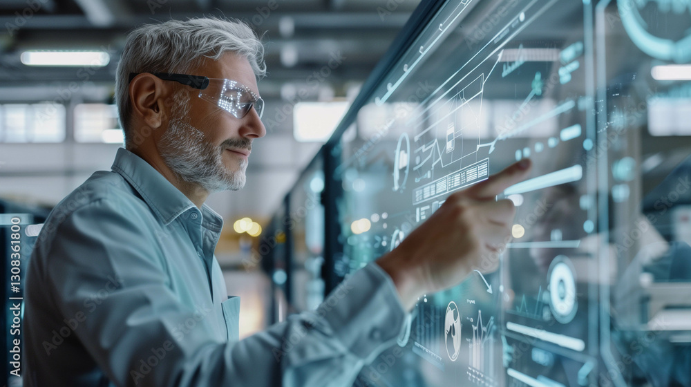 A senior male engineer wearing glasses and interacting with a high-tech digital touchscreen, symbolizing AI, innovation, and futuristic technology A senior male engineer wearing glasses and interacting with a high-tech digital touchscreen, symbolizing AI, innovation, and futuristic technology