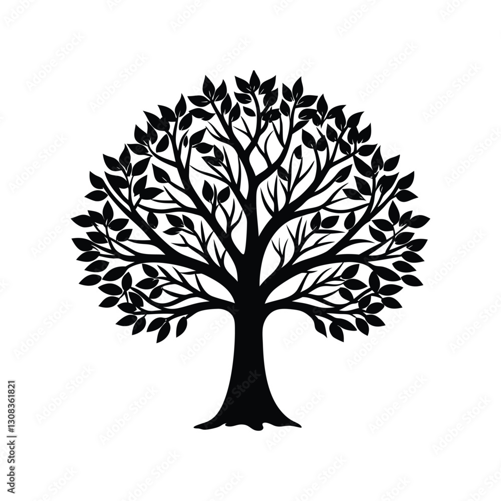 Fototapeta premium Elegant tree with branches and leaves silhouette isolated on white background