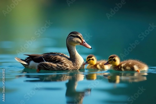 Mother duck and her ducklings swim together on a serene blue lake , birds, spring