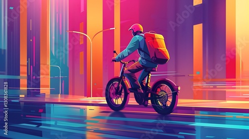 Food delivery courier on electric bike flat illustration