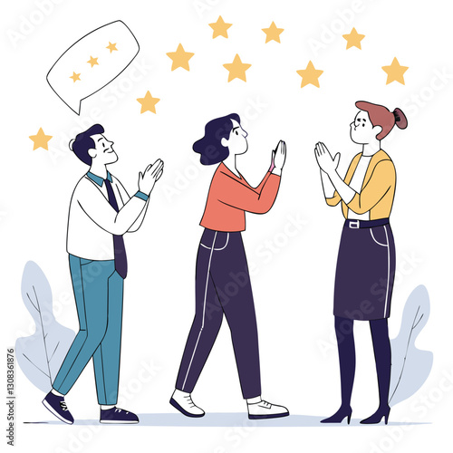 Business Discussion. Vector cartoon illustration in a flat style of a group of diverse people leading a discussion at a table near a whiteboard with charts and graphs.