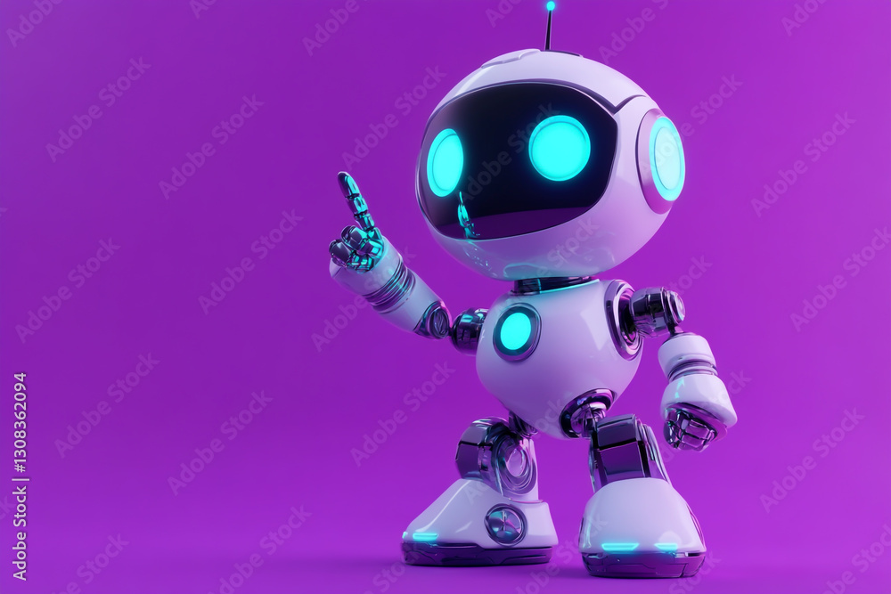 Cute robot character with big eyes pointing a finger at you on a purple background Cute robot character with big eyes pointing a finger at you on a purple background