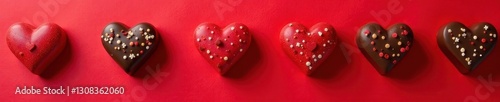 Heart-shaped chocolates arranged on red background, delicious, milk