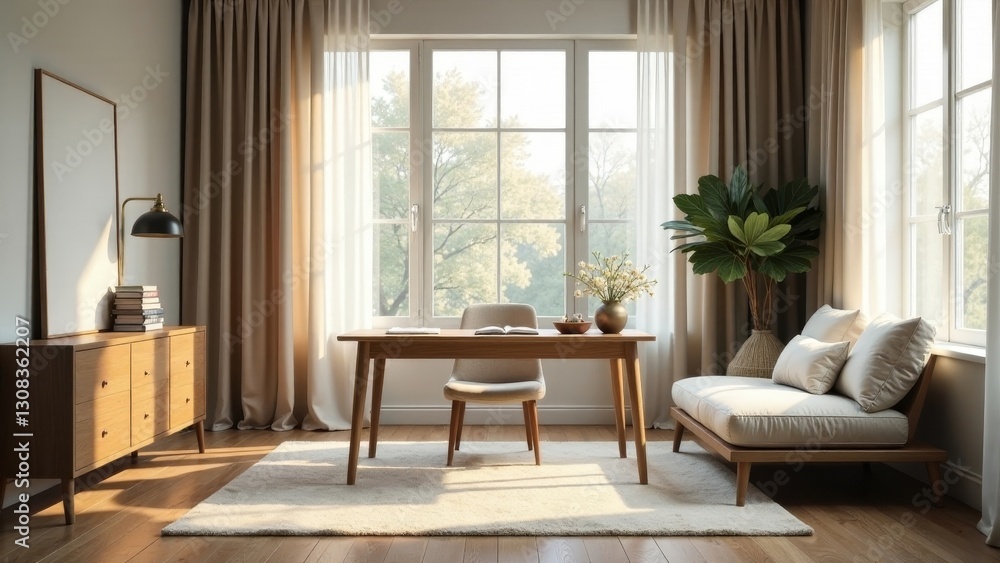 Serene Home Office Workspace with Natural Light and Minimalist Decor Serene Home Office Workspace with Natural Light and Minimalist Decor
