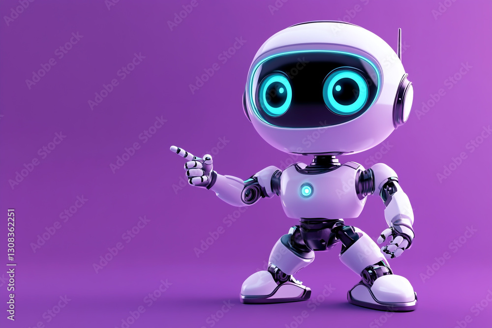 Cute robot character with big eyes pointing a finger at you on a purple background Cute robot character with big eyes pointing a finger at you on a purple background