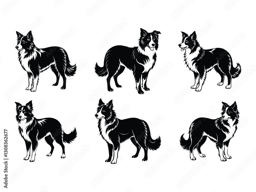 Fototapeta premium Border collie dog breed collection silhouette isolated on white background