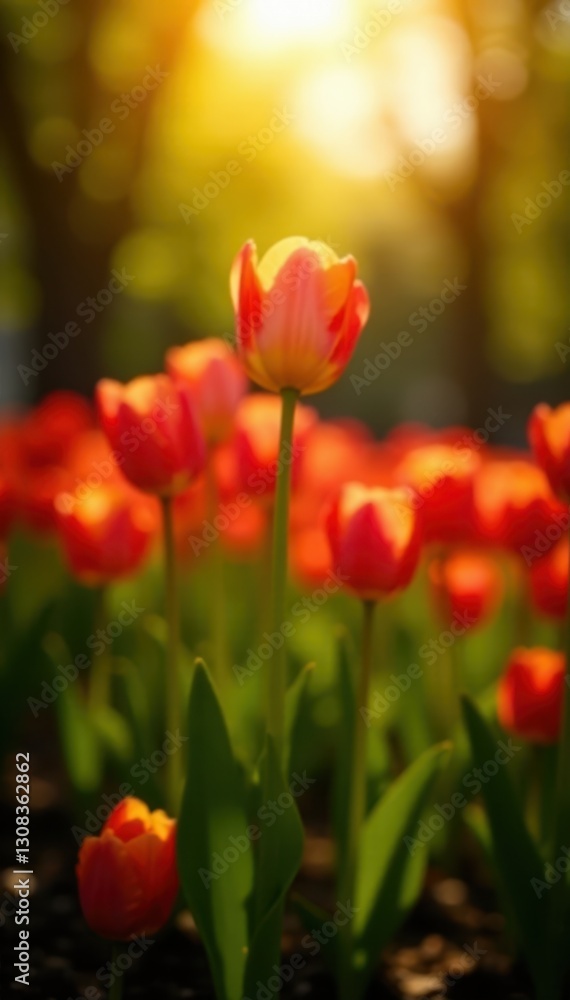 Sunlit tulip display in a lush park flowerbed, nature, light Sunlit tulip display in a lush park flowerbed, nature, light
