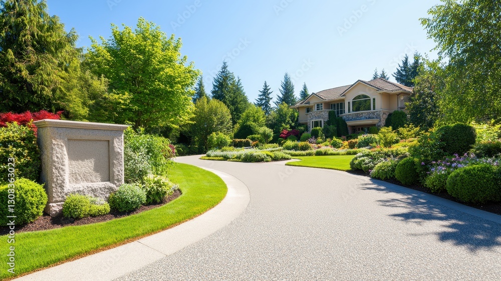 Obraz premium Majestic Mansion with Stone Pillars, Grand Landscaping, and Circular Driveway